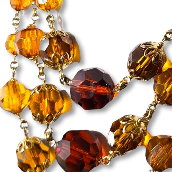 Woman's Vintage Necklace Signed Amber Glass 3 Strand Antique Gold Finish - Picture 4 of 9